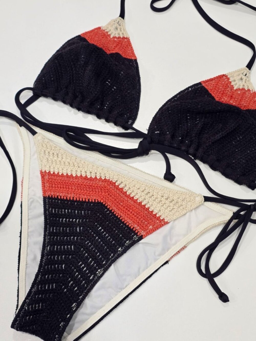 Victoria’s Secret ✦ Bikini Set ✦ Black Orange Beige Crochet Triangle Swimwear S - Picture 7 of 12